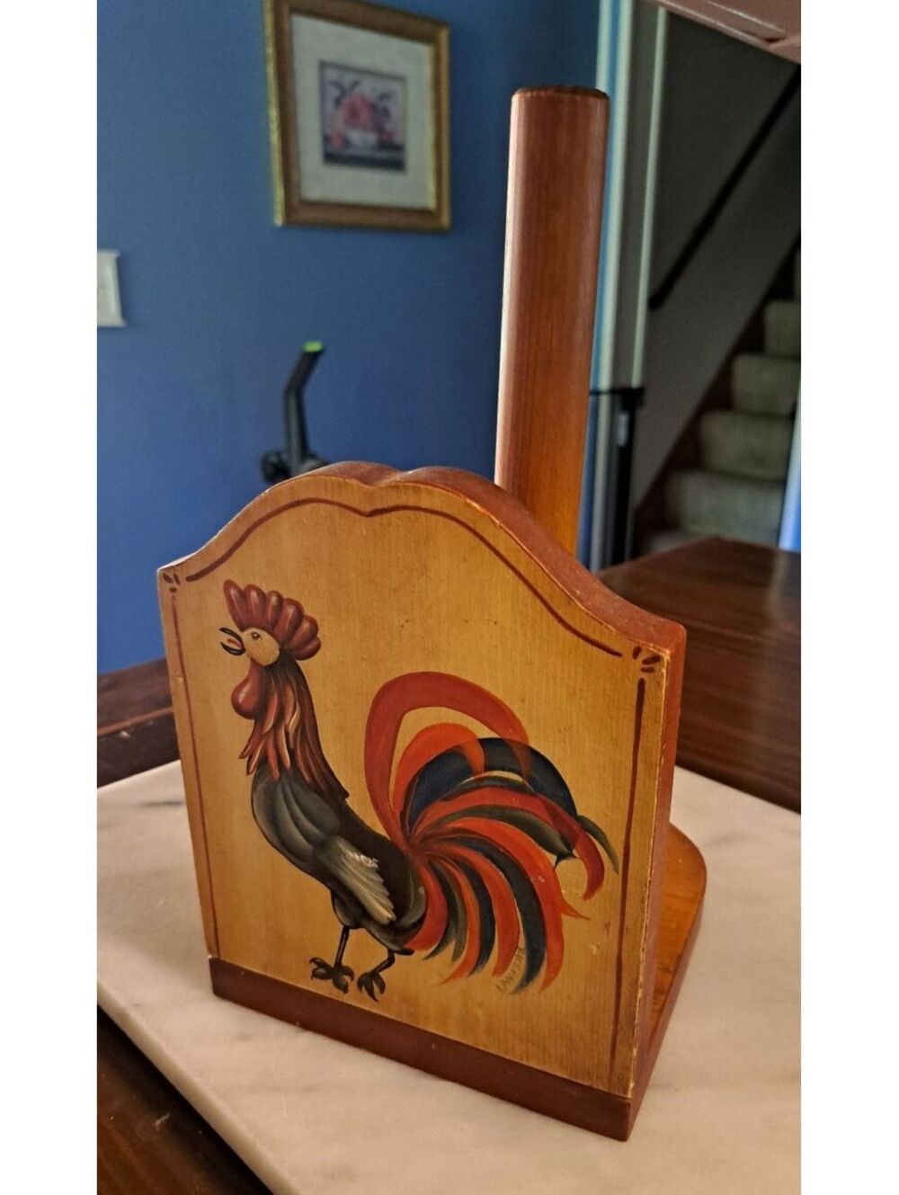 Vintage Wood Hand-painted Rooster Paper Towel Holder-Artist Signed - Picture 2 of 5